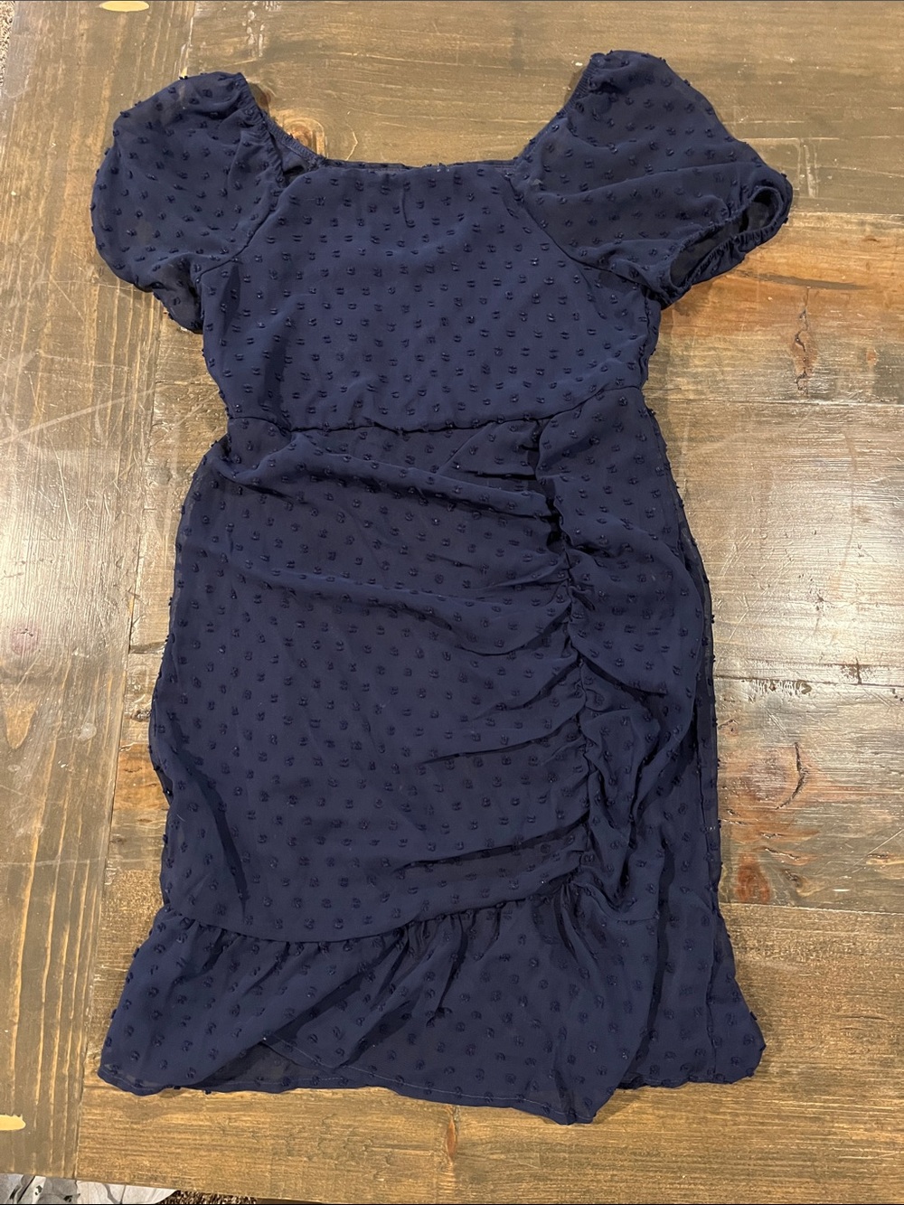 Crystal Doll Navy Swiss-Dot Puff Sleeve Ruching Dress